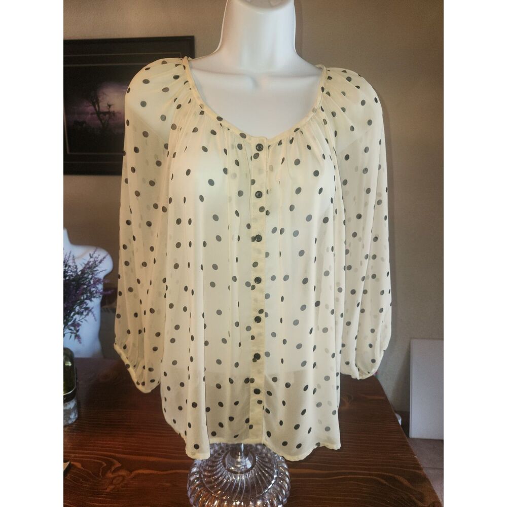 H&M Sheer Polka Dot Blouse Women Size 10 White Long Sleeve Button Front Top